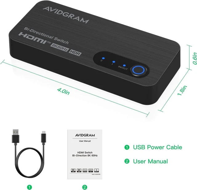 Alt view image 7 of 7 - HDMI Switch 8k@60hz Splitter, AVIDGRAM Bidirectional HDMI Switcher 2 in 1 Out, Splitter 1 in 2 Out, Support 4K@120hz, Compatible with PS5, XSX, UHD TV, Monitor, Projector (1 Display at a time)