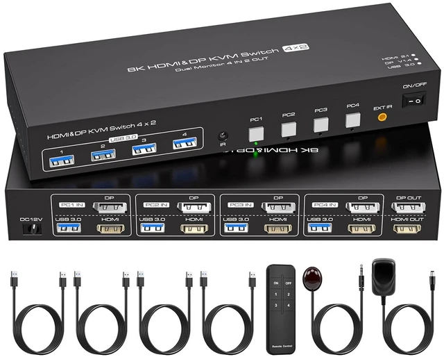 Main image of HDMI Displayport KVM Switch 4 Computers 2 Monitors 8K 60Hz 4K 120Hz 4 Port Dual Monitor KVM Switches for 4PC Share Four USB Device Support Copy and Extend Mode Includes Some Accessories