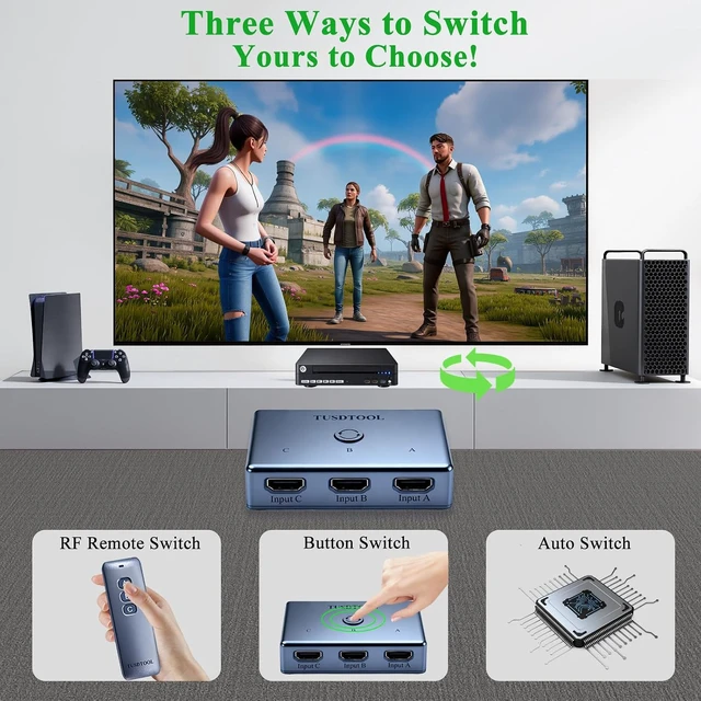 Alt view image 4 of 7 - HDMI Switch 3 in 1 Out, 4K@60Hz HDMI 2.0 Switch with 433M Remote Control, 3-Port HDMI Switcher Selector, Supports 4K 30Hz 3D 1080P for PS3/4 Xbox Roku TV Blu-Ray Player(4K HDMI Switch)