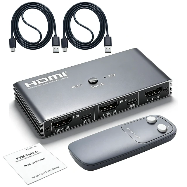 Alt view image 5 of 5 - HDMI KVM Switch 4K@60Hz USB 2.0 KVM Switcher with IR Remote Control 2 HDMI Ports 4 USB 2.0 Ports 2-in-1 PC Switcher for Home Office Gaming