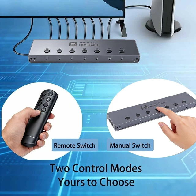 Alt view image 6 of 7 - HDMI Switch: 8K@60Hz HDMI 2.1 Switcher, 7 in 1 Out, 48Gbps with Remote Supports HDR10+ Dolby Atmos, CEC, Compatible with Popular Gaming Consoles and Media Devices