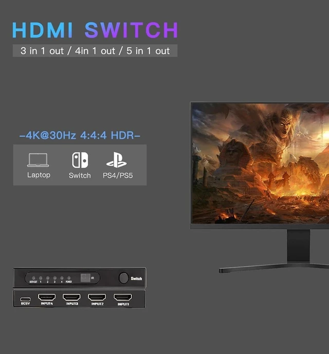 Alt view image 2 of 7 - HDMI Switch 4 in 1 Out: 4K@30Hz Ultra HD HDMI Selector with Remote Control, High-Speed 10.2Gbps Transmission, Compatible with PS5, Xbox, Blu-ray, PC, and TV Plug and Play
