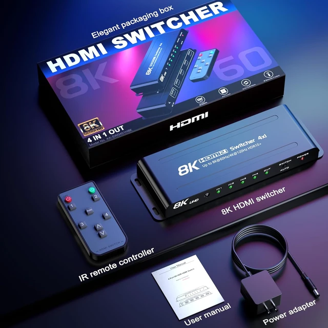 Alt view image 6 of 7 - 8K 60Hz HDMI 2.1 Switch 4 in 1 Out, 4K 120Hz, 48Gbps, VRR/ALLM