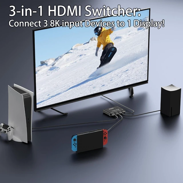 Alt view image 2 of 7 - HDMI 2.1 Switch 3 in 1 Out,8K HDMI Splitter Switcher,Supports 4K@120Hz,8K@60Hz, 48Gbps Ultra HD HDMI Box, Aluminum Shell, Compatible with PS4/PS5, Xbox, Fire Stick, Apple TV, Roku, HD TV.