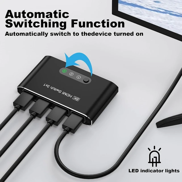 Alt view image 3 of 7 - HDMI 2.1 Switch 3 in 1 Out,8K HDMI Splitter Switcher,Supports 4K@120Hz,8K@60Hz, 48Gbps Ultra HD HDMI Box, Aluminum Shell, Compatible with PS4/PS5, Xbox, Fire Stick, Apple TV, Roku, HD TV.