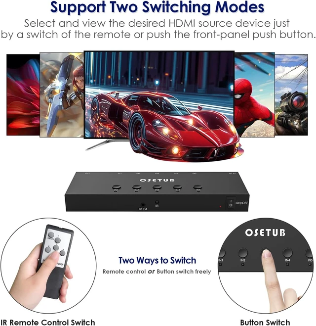Alt view image 4 of 7 - 4K@60Hz 5 in 1 Out HDMI Switch, 5 Port HDMI Switcher Selector Support HDR10 & HDCP 2.2 & Full 3D with IR Remote Control Compitable with Nintendo Switch,Xbox PS5/4,Fire Stick,Roku,Apple TV for Gaming