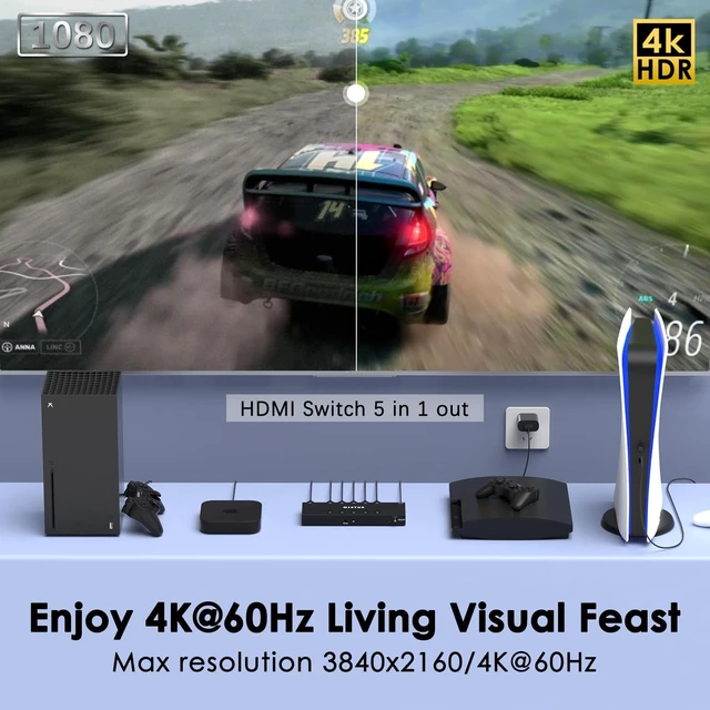 Alt view image 5 of 7 - 4K@60Hz 5 in 1 Out HDMI Switch, 5 Port HDMI Switcher Selector Support HDR10 & HDCP 2.2 & Full 3D with IR Remote Control Compitable with Nintendo Switch,Xbox PS5/4,Fire Stick,Roku,Apple TV for Gaming