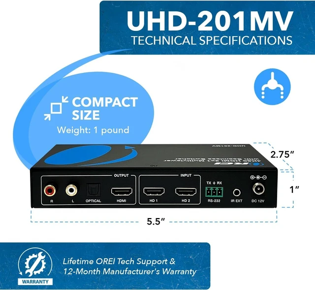 Alt view image 5 of 7 - OREI 2x1 HDMI Multi Viewer Seamless Switch - 4K@60Hz RS-232 IR PIP EDID OSD