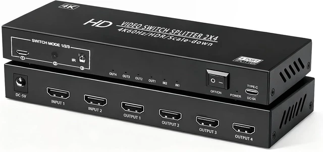 Main image of 2x4 HDMI Switch Splitter 2 in 4 Out w/Remote, 4K@60Hz Down Scaler