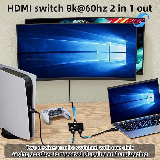 Alt view image 2 of 7 - HDMI 2.1 Switch 2 in 1 Out 8K@60Hz, 4K@144Hz, Bi-Directional, Touch Control, VRR, Dynamic HDR, HDCP 2.3, 48Gbps, Zero Lag for PS5/Xbox Series X/Apple TV 8K/Roku Ultra/Fire Stick 8K Max
