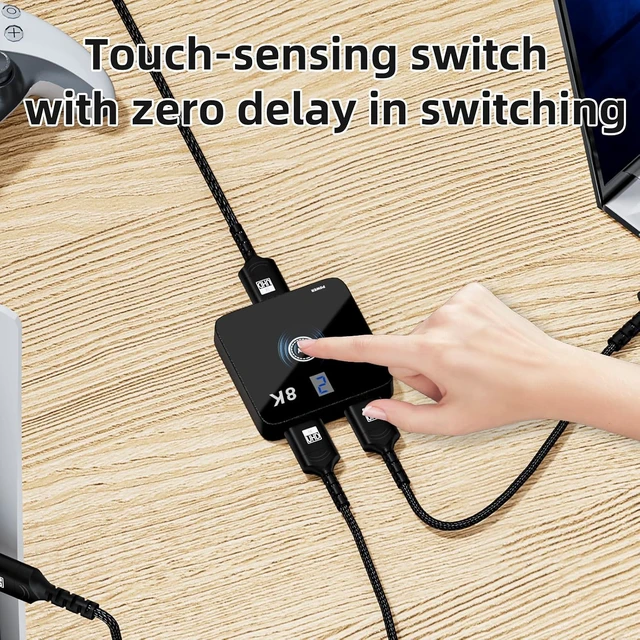 Alt view image 3 of 7 - HDMI 2.1 Switch 2 in 1 Out 8K@60Hz, 4K@144Hz, Bi-Directional, Touch Control, VRR, Dynamic HDR, HDCP 2.3, 48Gbps, Zero Lag for PS5/Xbox Series X/Apple TV 8K/Roku Ultra/Fire Stick 8K Max