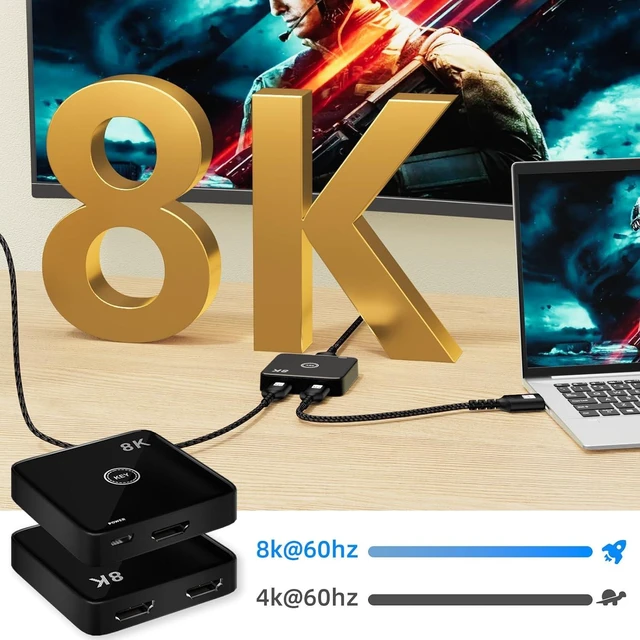Alt view image 5 of 7 - HDMI 2.1 Switch 2 in 1 Out 8K@60Hz, 4K@144Hz, Bi-Directional, Touch Control, VRR, Dynamic HDR, HDCP 2.3, 48Gbps, Zero Lag for PS5/Xbox Series X/Apple TV 8K/Roku Ultra/Fire Stick 8K Max