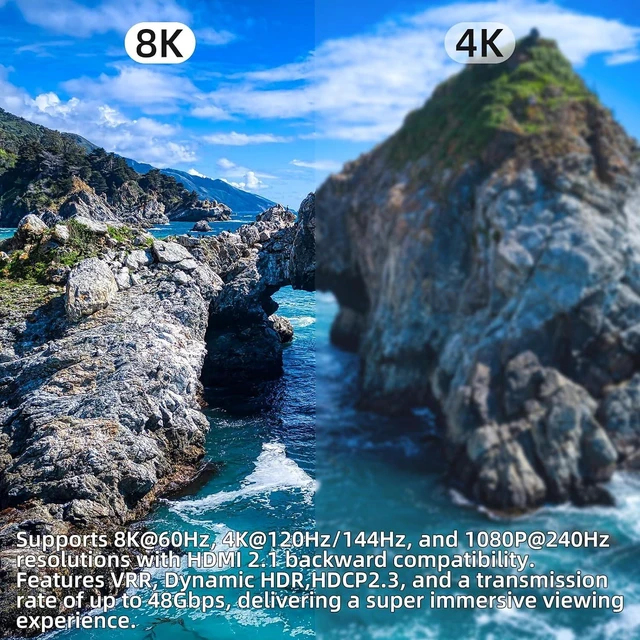 Alt view image 7 of 7 - HDMI 2.1 Switch 2 in 1 Out 8K@60Hz, 4K@144Hz, Bi-Directional, Touch Control, VRR, Dynamic HDR, HDCP 2.3, 48Gbps, Zero Lag for PS5/Xbox Series X/Apple TV 8K/Roku Ultra/Fire Stick 8K Max