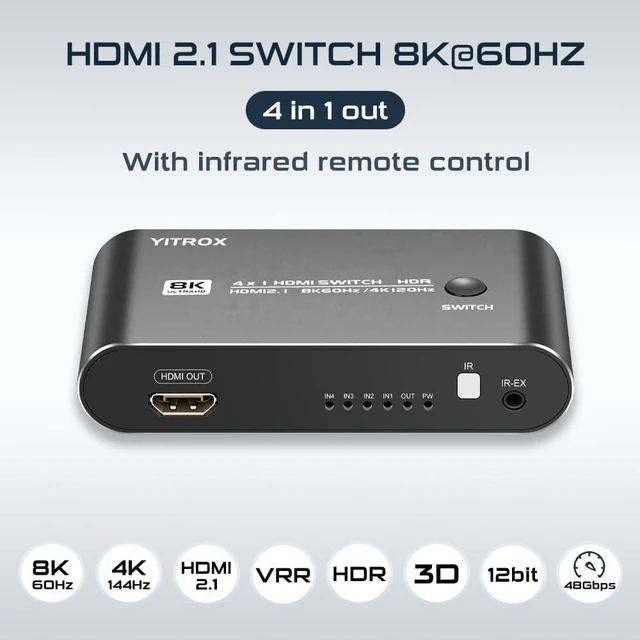 Alt view image 2 of 7 - HDMI Switch 4 in 1 Out 4K 120Hz, 4K 144Hz, 8K 60Hz, HDMI 2.1 Switcher Compatible with PS4/5, Xbox, Fire Stick, Apple TV, Roku, HD TV, Aluminum Shell