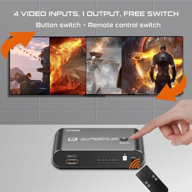 Alt view image 3 of 7 - HDMI Switch 4 in 1 Out 4K 120Hz, 4K 144Hz, 8K 60Hz, HDMI 2.1 Switcher Compatible with PS4/5, Xbox, Fire Stick, Apple TV, Roku, HD TV, Aluminum Shell