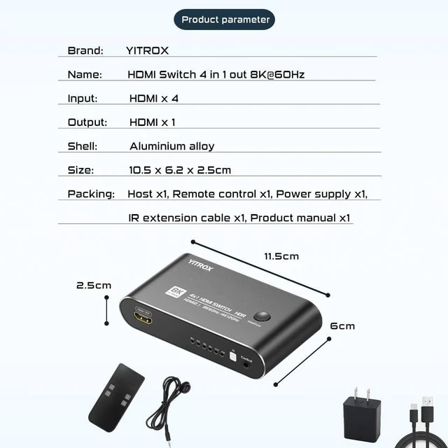Alt view image 7 of 7 - HDMI Switch 4 in 1 Out 4K 120Hz, 4K 144Hz, 8K 60Hz, HDMI 2.1 Switcher Compatible with PS4/5, Xbox, Fire Stick, Apple TV, Roku, HD TV, Aluminum Shell