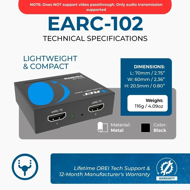 Alt view image 5 of 7 - OREI 1x2 HDMI eARC Audio Switch, ARC Extractor, Auto and Manual Switch