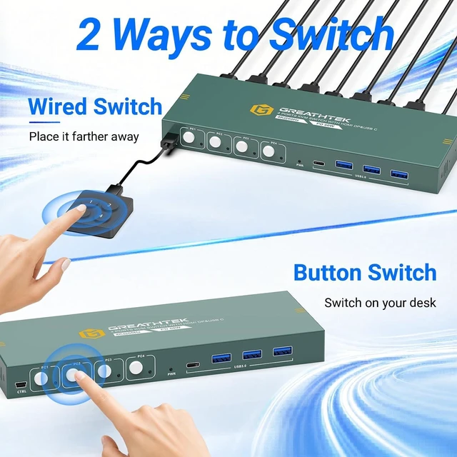 Alt view image 6 of 7 - GREATHTEK 4K@60HZ HDMI Displayport USB C KVM Switch 4 Computers 1 Monitor