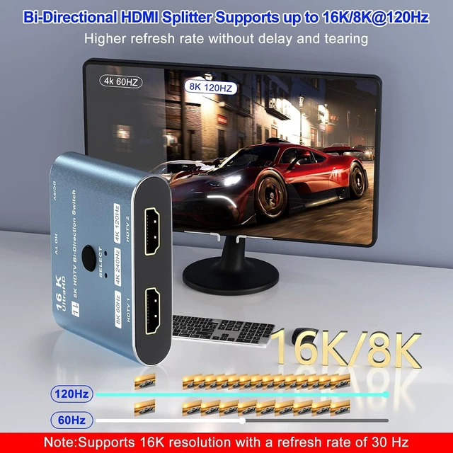 Alt view image 4 of 7 - 8K/16K Hdmi 2.1 Switcher 2 in 1 Out, Bidirectional Hdmi Splitter Support 4K@120HZ/240Hz 16K@30Hz/8K@60Hz DTS VRR HDR10+ Dolby, 48Gbps 2 Computers 1 Monitor Hdmi Switch for Switch PS5 Xbox Roku TV