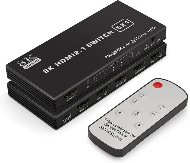 Alt view image 2 of 7 - 8K@60Hz HDMI Switch 5 in 1 Out Aluminum Support 4K@120Hz HDR + HDCP 2.3 CEC HDMI 2.1 Switcher Splitter with Power Adapter Compatible with PS5/4/3 Xbox Nintendo Switch Roku Apple TV Fire Stick