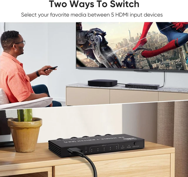 Alt view image 6 of 7 - 8K@60Hz HDMI Switch 5 in 1 Out Aluminum Support 4K@120Hz HDR + HDCP 2.3 CEC HDMI 2.1 Switcher Splitter with Power Adapter Compatible with PS5/4/3 Xbox Nintendo Switch Roku Apple TV Fire Stick