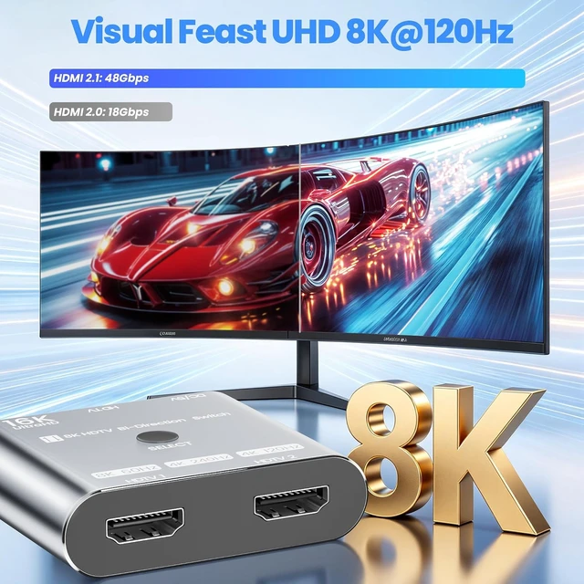Alt view image 3 of 7 - HDMI 2.1 Switch 16K/8K@120Hz/4K@240Hz - HDMI Switch 2 in 1 Out/HDMI Switch 1 in 2 Out, HDMI Splitter with VRR HDR10+ Dolby Atmos, 48Gbps HDMI Switcher for PS5/4 Xbox Switch 2 Roku Firestick Apple TV