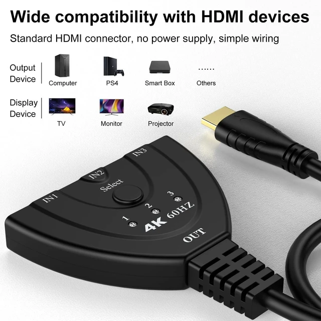 Alt view image 2 of 7 - HDMI Switch 3 in 1 Out 4K@60HzHDMI 2.0 Switch Splitter with Pigtail HDMI Cable, Supports HDR10+ 4K 30Hz 3D 1080P HDCP2.2 Compatible with Nintendo Switch PS5/4/3 Xbox Roku TV Fire Stick Blu-Ray Player