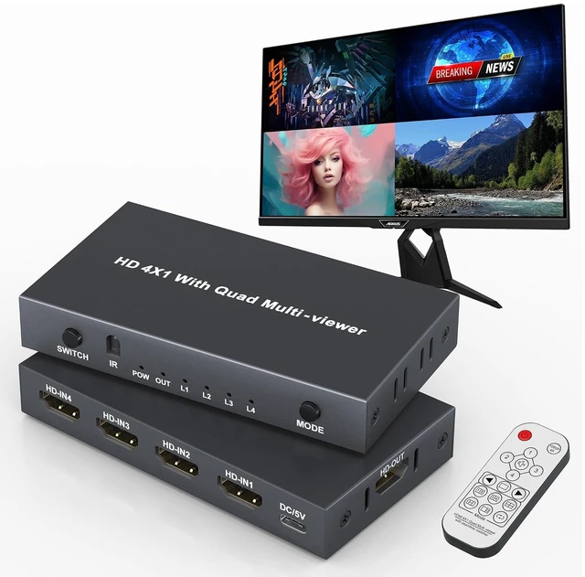 Main image of 4K HDMI Switcher 4 in 1 Out with Quad Screen Multiviewer, HDMI Multiviewer Switch Seamless Quad Multi-Viewer with 5 Display Modes, with IR Remote for Security Cameras, PS5/PS4/Xbox, PC, Laptop, TV Box