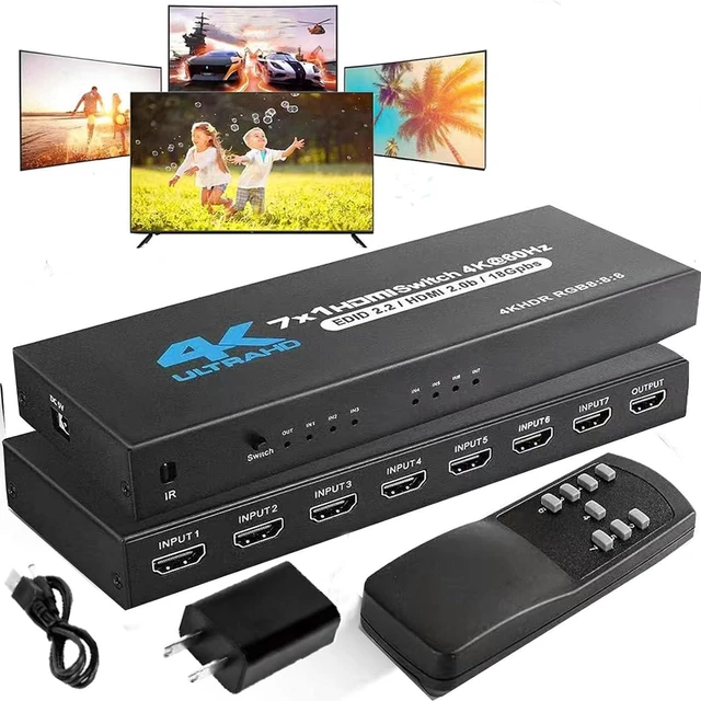 Main image of HDMI Video Switcher 7×1 Switch 7HDMI Input 1HDMI Output 4K@60Hz Seamless Switch with 1IR Remote/1Power Cable Support Automatic Switching Panel Key HDMI2.0 EDID2.2 1080P HDR 18Gpbs for TV PS3/4 etc