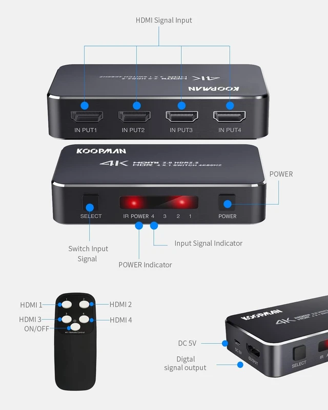 Alt view image 2 of 7 - 4K HDR HDMI Switch, Koopman 4 Ports 4K 60Hz HDMI 2.0 Switcher Selector with IR Wireless Remote, Supports UltraHD Dolby Vision, High Speed(Max to 18.5Gbps), HDR10, HDCP 2.2 & 3D