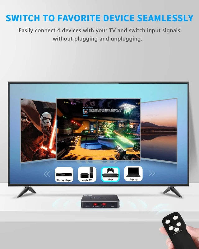 Alt view image 3 of 7 - 4K HDR HDMI Switch, Koopman 4 Ports 4K 60Hz HDMI 2.0 Switcher Selector with IR Wireless Remote, Supports UltraHD Dolby Vision, High Speed(Max to 18.5Gbps), HDR10, HDCP 2.2 & 3D