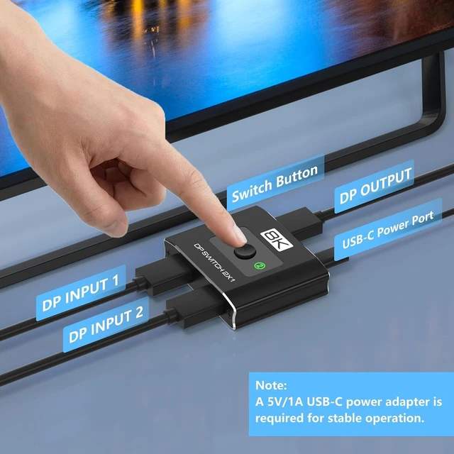 Alt view image 3 of 7 - 8K@60Hz DisplayPort Switch 2 in 1 Out, 3-Port DP1.4 DisplayPort Switcher Selector Box Support 4K@144Hz High Refresh Rate with DSC, Display Port Monitor Switch for Laptop, Desktop, Graphics Card