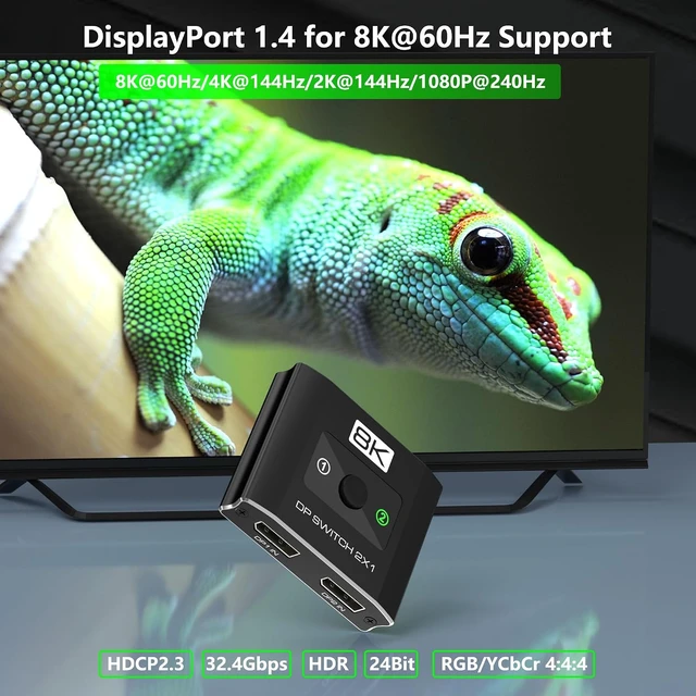 Alt view image 5 of 7 - 8K@60Hz DisplayPort Switch 2 in 1 Out, 3-Port DP1.4 DisplayPort Switcher Selector Box Support 4K@144Hz High Refresh Rate with DSC, Display Port Monitor Switch for Laptop, Desktop, Graphics Card
