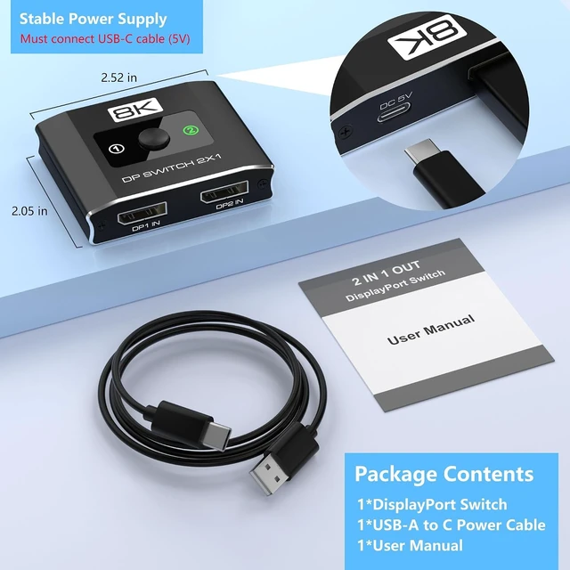 Alt view image 7 of 7 - 8K@60Hz DisplayPort Switch 2 in 1 Out, 3-Port DP1.4 DisplayPort Switcher Selector Box Support 4K@144Hz High Refresh Rate with DSC, Display Port Monitor Switch for Laptop, Desktop, Graphics Card