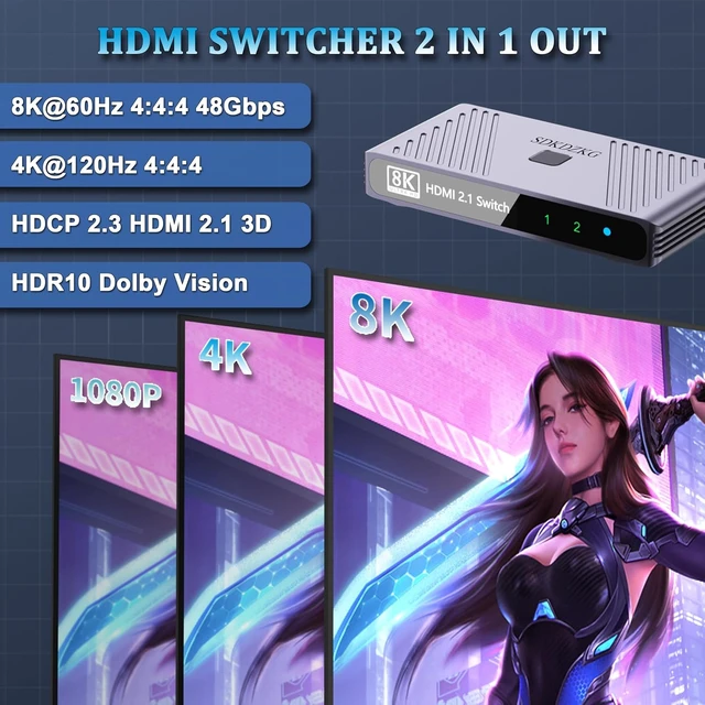 Alt view image 2 of 7 - HDMI Switch 8K@60HZ, HDMI Switcher 2 in 1 Out 4K@120Hz, High Speed 48Gbps Aluminum Splitter, Supports HDR103D, Compatible with Xbox PS5 Projectors Monitors Roku Blu-Ray Player HDTV