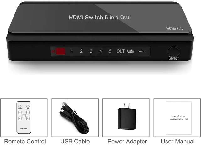 Alt view image 4 of 4 - Dingsun HDMI Switch, 5 Port HDMI Selector with IR Remote Control, HDMI 1.4, HDCP 1.4, Support 4K@30Hz Ultra HD 3D/1080P for Fire TV, Roku, PS3, PS4, Xbox, Apple TV, DVD