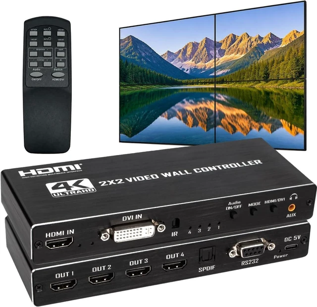 Main image of 2x2 4k Video Wall Controller, Transform 4 TV Screens into a Single Wall Display with HDMI & DVI 4K Input, 180° Rotation, Audio Output, IR Remote/RS232/Button Press Control