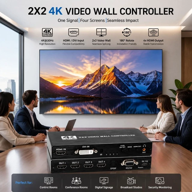 Alt view image 3 of 7 - 2x2 4k Video Wall Controller, Transform 4 TV Screens into a Single Wall Display with HDMI & DVI 4K Input, 180° Rotation, Audio Output, IR Remote/RS232/Button Press Control