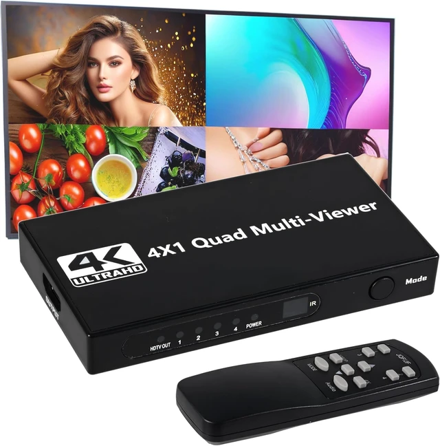 Main image of 4K Quad Hdmi Multiviewer 4 in 1 Out Seamless Hdmi Switcher with Remote Control, Combine 4 tvs into 1, 9 Display Modes Switching Between 4k@30hz and 1080P@60Hz for Security Camera/Computer/TV Box, etc