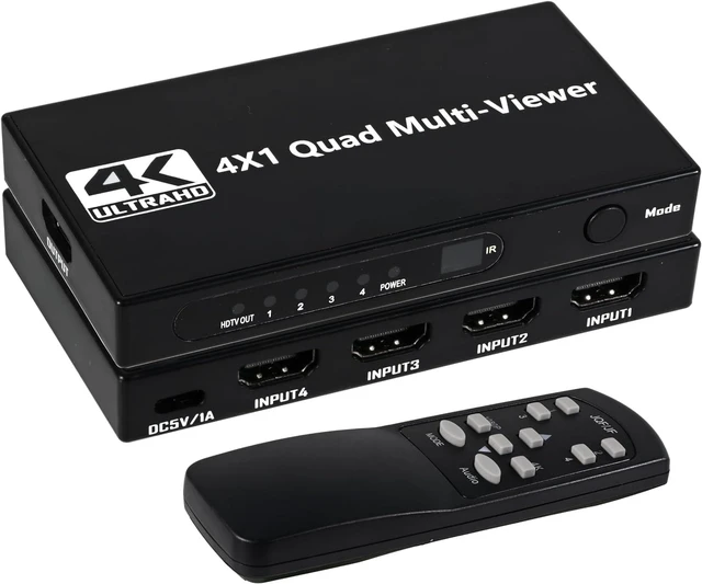 Alt view image 2 of 7 - 4K Quad Hdmi Multiviewer 4 in 1 Out Seamless Hdmi Switcher with Remote Control, Combine 4 tvs into 1, 9 Display Modes Switching Between 4k@30hz and 1080P@60Hz for Security Camera/Computer/TV Box, etc