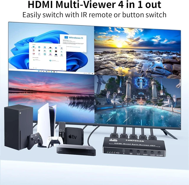 Alt view image 2 of 7 - HDMI Multi-Viewer 4X1, Seamless Switcher 4 in 1 Out, Quad Multi Viewer Switcher with IR Remote, Supports 4K 30Hz, 5 Display Modes for Security Camera, Gaming Consoles