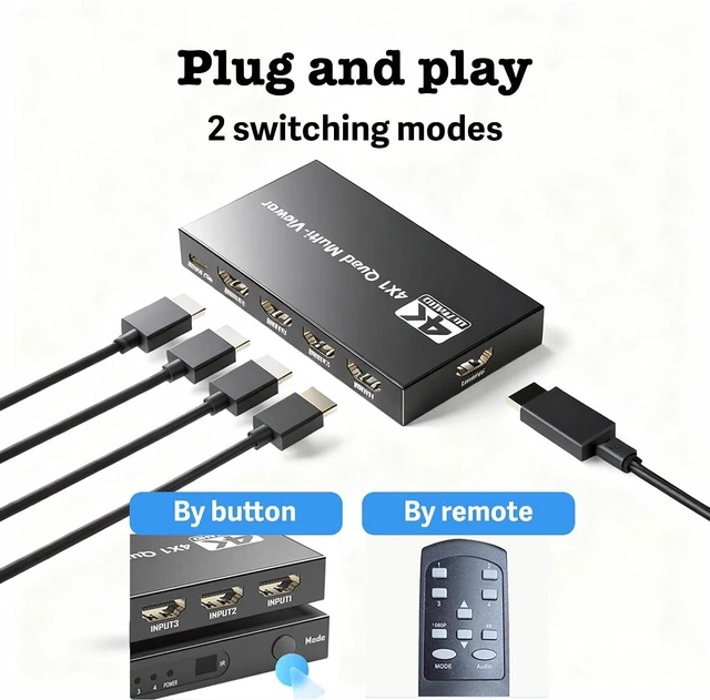 Alt view image 7 of 7 - 4K Quad Hdmi Multiviewer 4 in 1 Out Seamless Hdmi Switcher with Remote Control, Combine 4 tvs into 1, 9 Display Modes Switching Between 4k@30hz and 1080P@60Hz for Security Camera/Computer/TV Box, etc