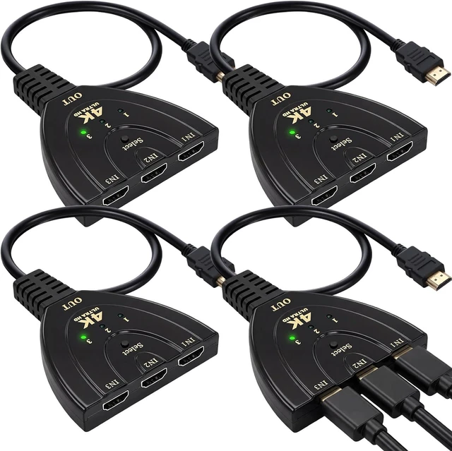 Main image of Relaxweex 4 Pcs 3-in-1 Out Video Switcher with 3 Ports and Pigtail Cable, A/v Splitter Hub Selector Box, Supports Full Hd 4k@30hz, 3D, 1080p, Hdcp1.4 for DVD Player, PC, TV