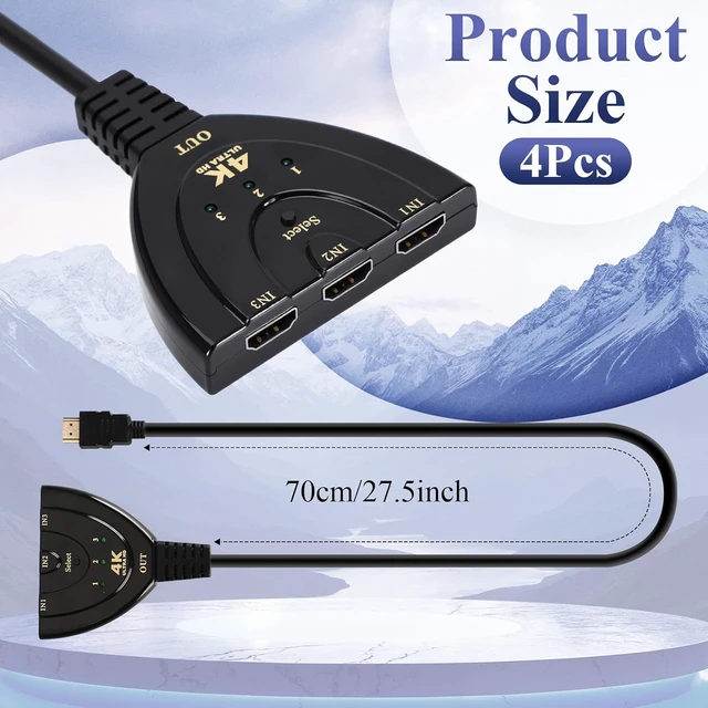 Alt view image 2 of 3 - Relaxweex 4 Pcs 3-in-1 Out Video Switcher with 3 Ports and Pigtail Cable, A/v Splitter Hub Selector Box, Supports Full Hd 4k@30hz, 3D, 1080p, Hdcp1.4 for DVD Player, PC, TV
