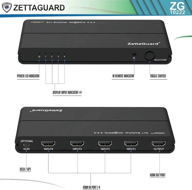 Alt view image 3 of 7 - HDMI 2.0 Switcher Supports 4K HDR (4 in 1 Out) Hi-Speed 18Gbps, IR Remote - Compatible with Apple Tv, Roku, Xbox/PS4, Blu-Ray, MacBook, Laptop, PC, TV for Home or Office