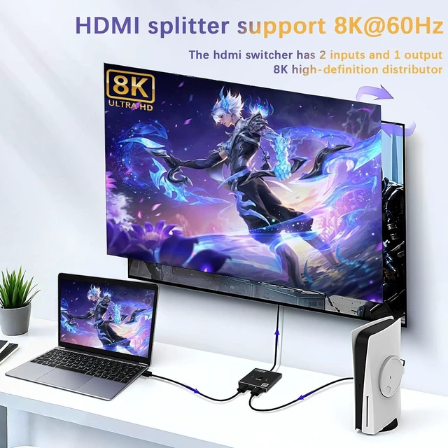 Alt view image 4 of 7 - Duttek HDMI Splitter for Dual Monitors, 1 in 2 Out 8K 60Hz HDMI Switch Supports 8K@60Hz HDR HDCP 2.2, for Dual Monitor Setup PC Laptop TV Box Projector