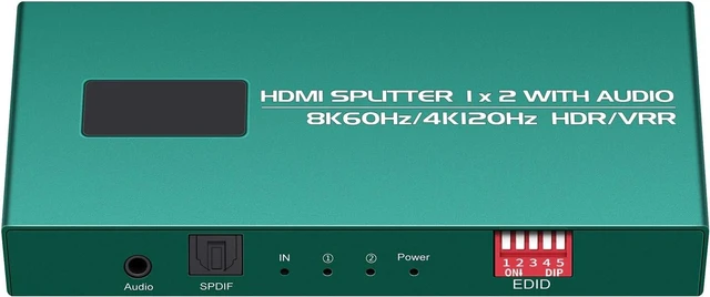 Main image of HDMI Splitter 1 in 2 Out 4K 120hz Audio Extractor hue sync Box Support EDID Management 1x2 HDMI Splitters Work for Capture Card Soundbar,HDCP Bypass Duplicator/Mirror/Copy/Downscaler