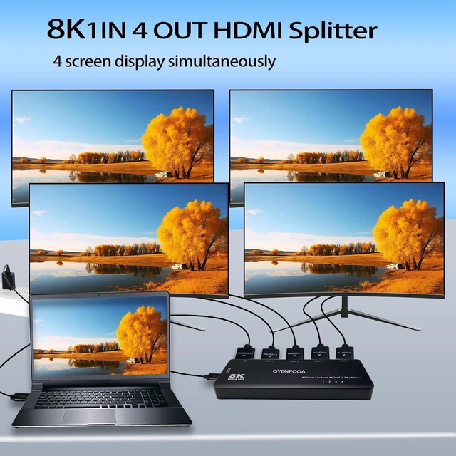 Alt view image 4 of 7 - 8K@60 Hz HDMI Splitter 1 in 4 Out 1x4 Power HDMI Splitter 4 Ports 1 in 4 Out 4 Ports HDMI 2.0 Adapter for HDTV 3D Ultra high Definition HDTV Splitters (8K 1 in 4)