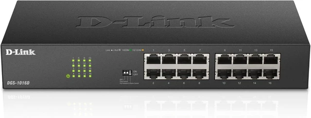 Main image of D-Link 16-Port Unmanaged Ethernet Switch, Fanless, Sturdy Metal with Shielded Ports, QoS, Fanless, Port Isolation, Storm Control, Desktop/Rackmount, Energy Saving, Follows NDAA/TAA (DGS-1016D)