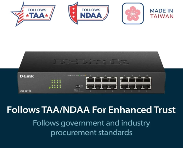 Alt view image 2 of 7 - D-Link 16-Port Unmanaged Ethernet Switch, Fanless, Sturdy Metal with Shielded Ports, QoS, Fanless, Port Isolation, Storm Control, Desktop/Rackmount, Energy Saving, Follows NDAA/TAA (DGS-1016D)